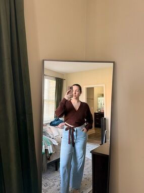 SHEIN Chestnut Brown Knit Wrap Sweater with Waist Tie